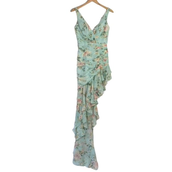 Mac Duggal Floral Print Asymmetrical Ruffle Hem Dress - Picture 2 of 15